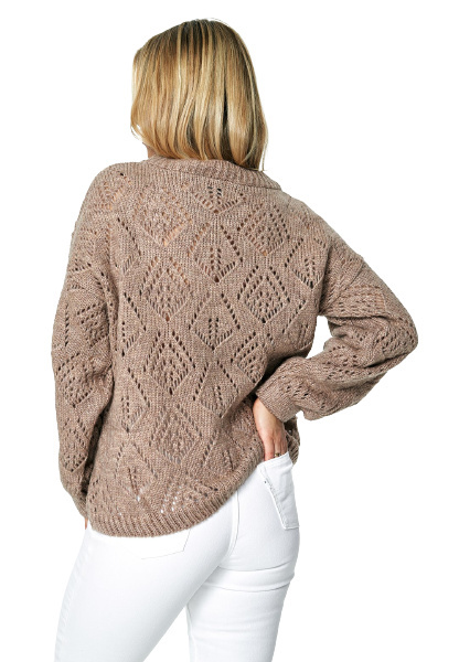 Sweter damski krótki ażurowy z półokrągłym dekoltem brązowy